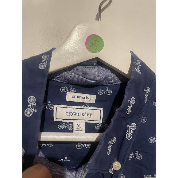 Crown & Ivy Shirt Blue And White Bicycle XL Button Up Short Sleeve - Picture 3 of 5